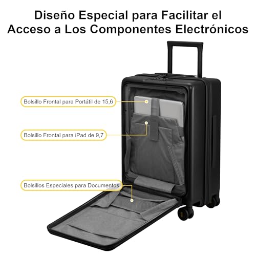 LEVEL8 Carry On Luggage with Compartment, 20 Inch Lightweight Hard Shell Rolling Suitcase with Wheels Airline Approved, Checked Luggage with Front Pocket, Double Tsa Locks - Black
