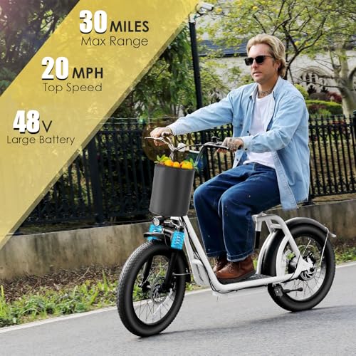 Caroma Peak 800w Electric Scooter Adults 20"X3" Fat Tire, 20 MPH Top Speed & 30 Miles Range, Off-Road E Scooter w/Adjustable Seat & Detachable Basket, Foldable Ebike w/Shock Absorption for Commuting