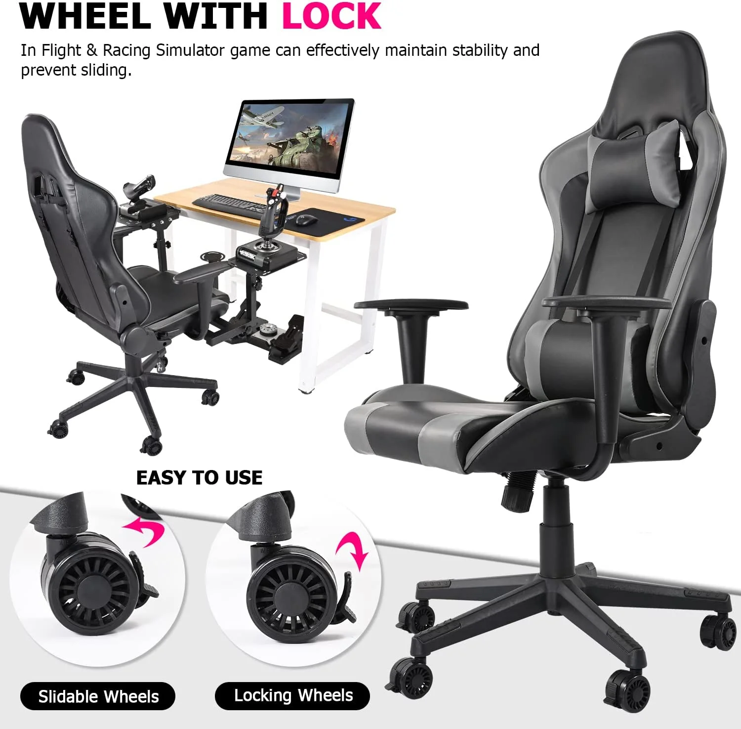 Minneer Flight & Racing Simulator Gaming Chair with Adjustable Headrest and Lumbar Pillow Swivel Liftable Office Chair,Gray
