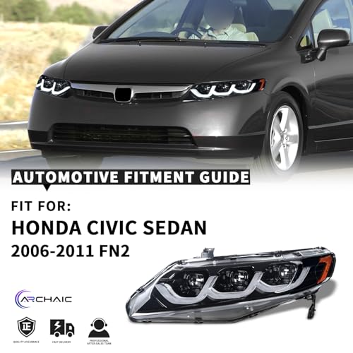 Full LED Headlights for Honda Civic Sedan 2006-2011, 3 Projector Head Lamp Assemblies for 8th gen Civic Sedan, Head Light with Sequential turn signal, Plug&Play, Pair
