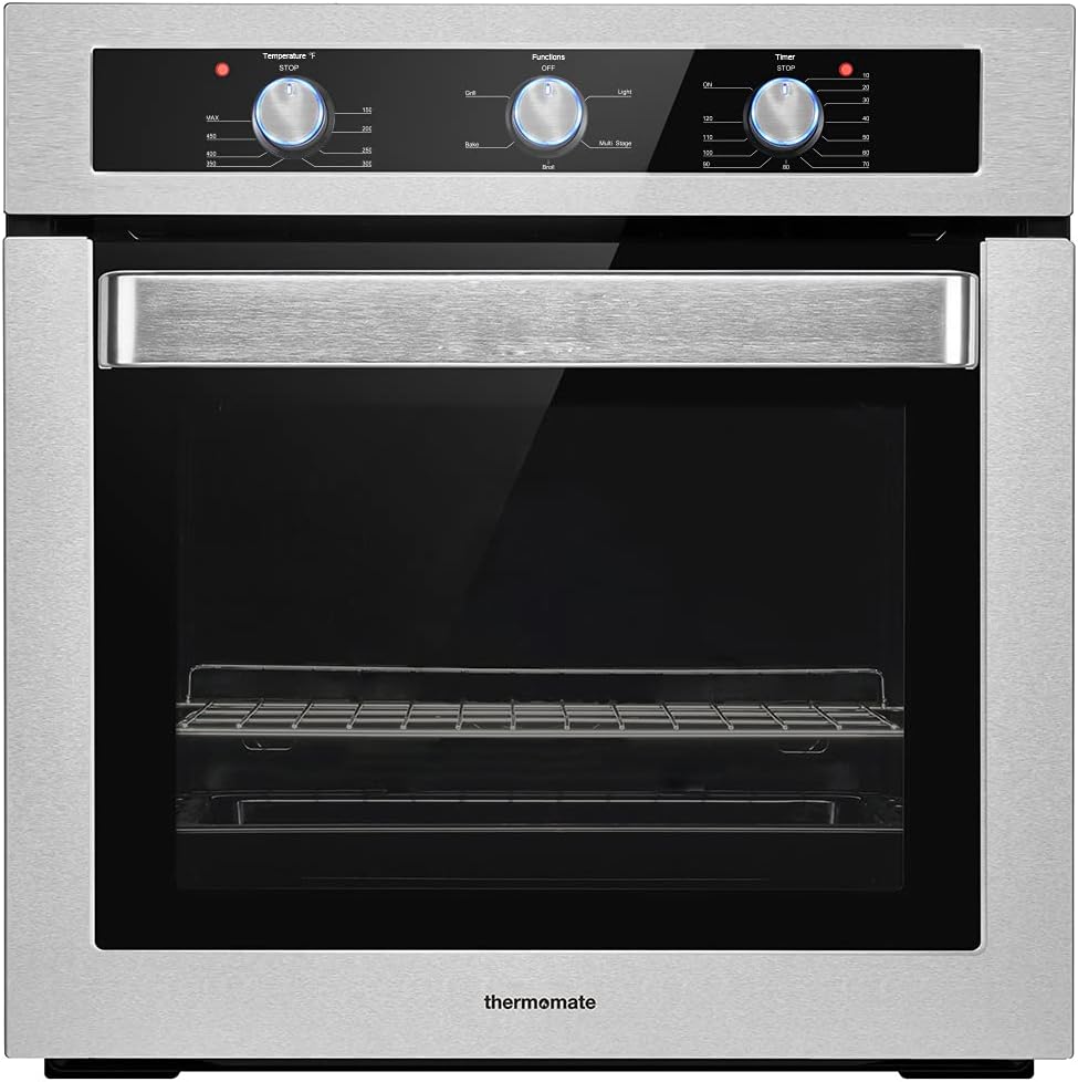 24 Single Wall Oven, thermomate 2.3 Cu.ft. Built-in Electric Wall Oven with 5 Cooking Functions, 2000W Electric Ovens with Stainless Steel Finish, Mechanical Knobs Control, ETL Certified