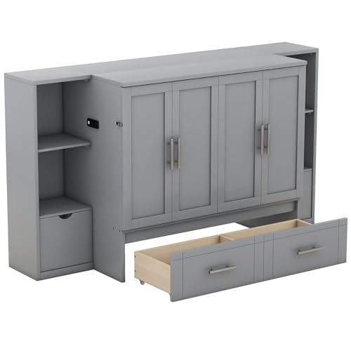 Full Size Murphy Wall Bed With Storage and Bookcase Headboard, Solid Wood Cabinets With Shelves, Drawers and USB Ports, Multi-Function Platform for Home Office, Guest Room - White