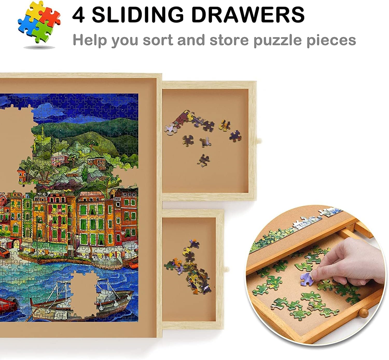 Lovinouse Upgraded 1000 Piece Wooden Puzzle Table with Holder, Jigsaw Puzzles Plateau Puzzle Board with Smooth Fiberboard Work Surface, 4 Sliding Drawers, Puzzle Storage for Teens Adults