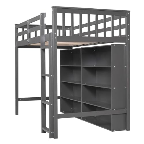 Modern Full Size Loft Bed with Cabinet and Bookshelf, Wood Loft Bed Frame with Built-in Desk and Wardrobe for Kids Teens Adults, Maximize Space (White-7.22)