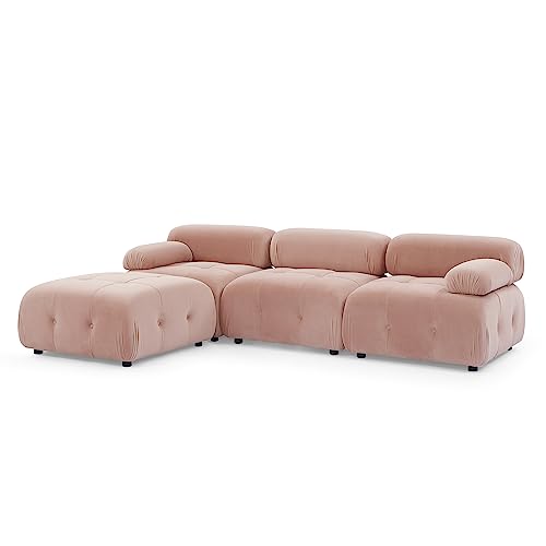 Sleeper Sofa couches Ottoman Cloud Couch Bed Loveseat Living Room Furniture Sturdy Solid Wood Frame Modular Sectional Comfortable Velvet Upholstery Button Tufted Design Pink