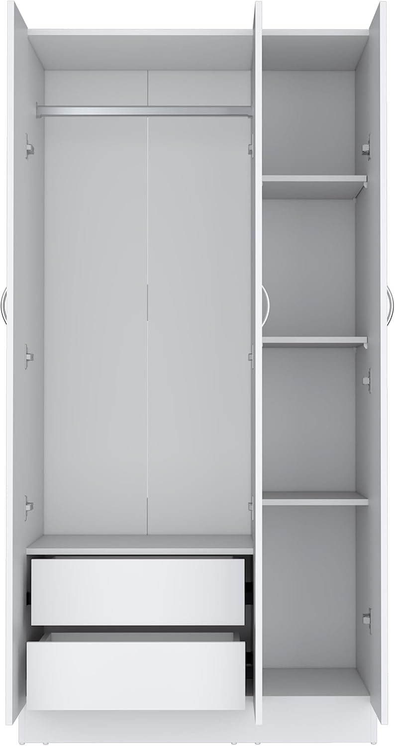 Wardrobe Armoire 71H with 3-Doors and 2-Inner Drawers, 3 Doors, White