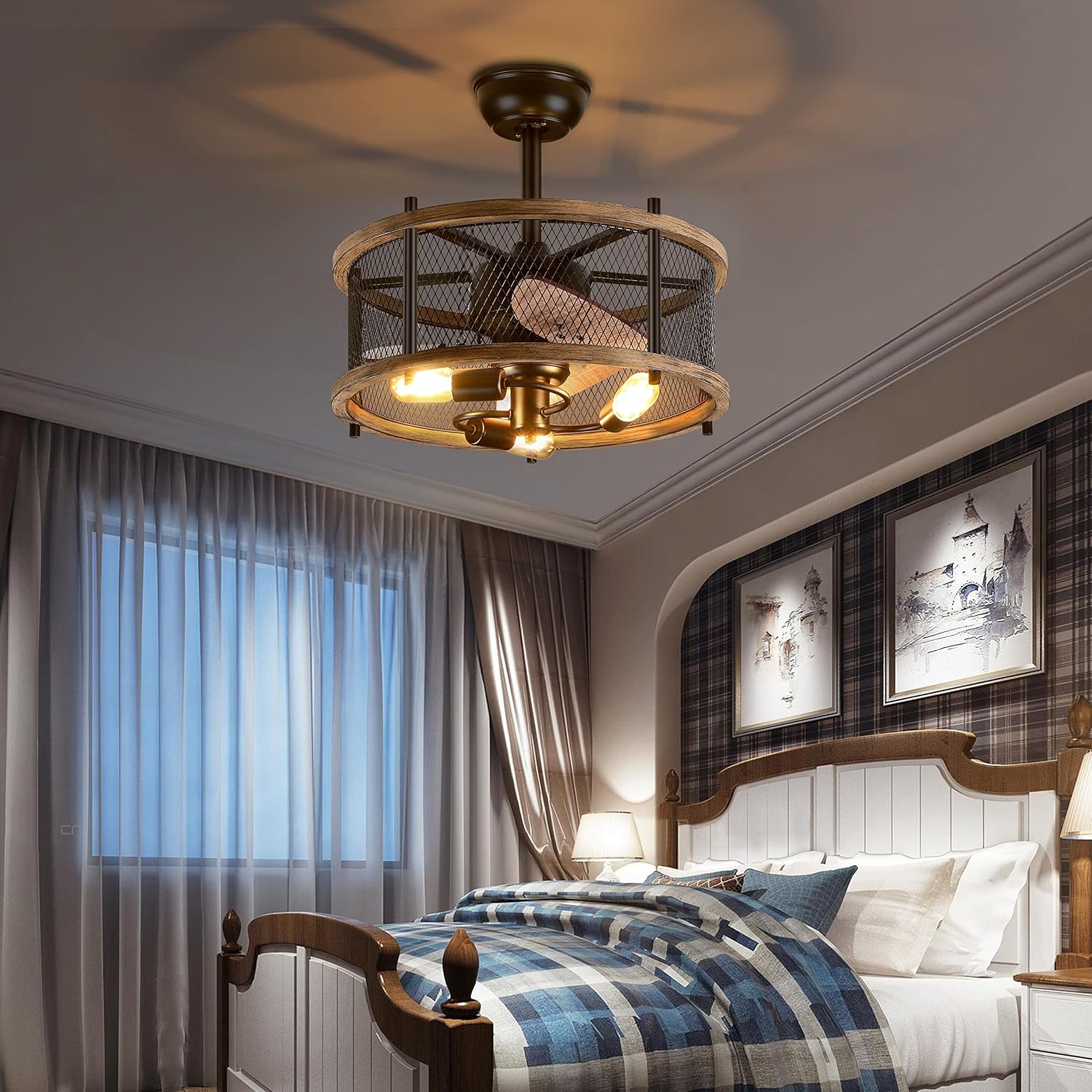 20-inch Industrial Caged Ceiling Fan with Lights Remote Control, Reversible,Modern Enclosed Bladeless Ceiling Fan Indoor, Rustic Vintage Metal Cage Fandelier Ceiling Fan (Mesh,Bulbs Included)