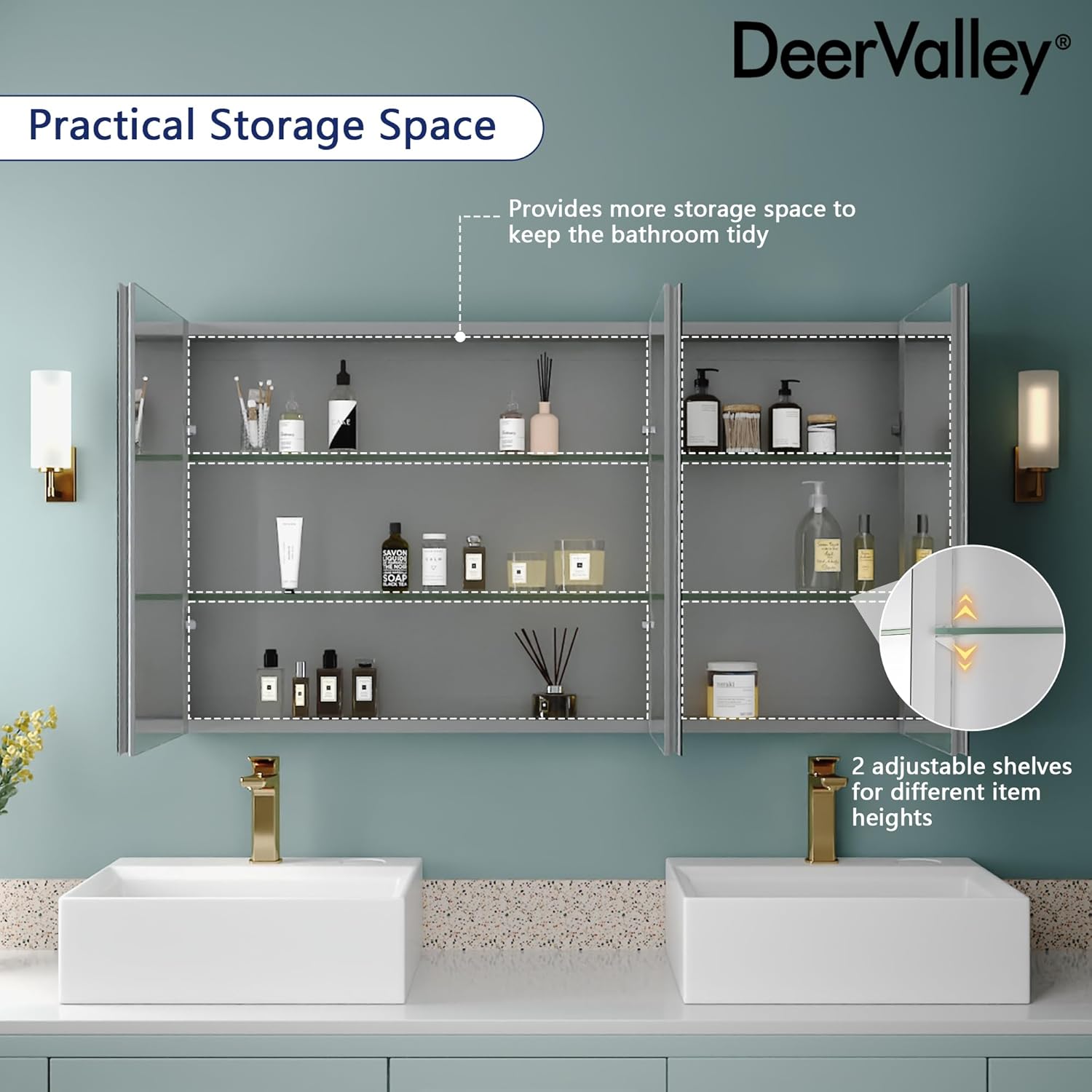 48 inch Medicine Cabinet with Mirror, DeerValley Aluminum 3 Door Mirrored Medicine Cabinet, Frameless Modern Wall Mount Mirrored Medicine Cabinets with 3 Doors and 2 Adjustable Shelves