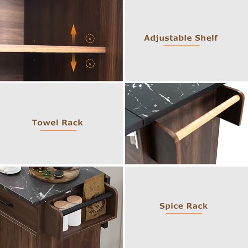60" Kitchen Island with Drop Leaf and Power Outlet, Rolling Kitchen Cart on Wheels with Trash Can Storage Cabinet, Spice Rack, Towel Rack and Adjustable Shelf for Dining Room