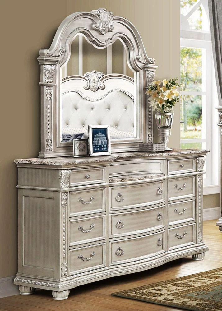 Antique Platinum Sleigh Queen Bedroom Set 5P B9506 Mcferran Classic Traditional