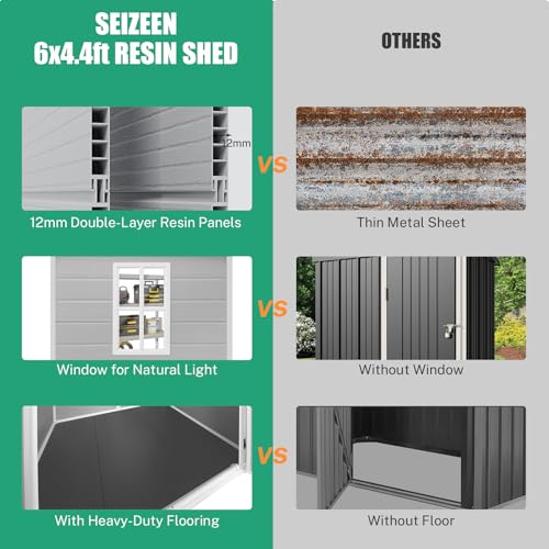 6x4.4FT Outdoor Resin Shed with Reinforced Floor, All-Weather Plastic Shed with Lockable Door, Window & Vents, Garden Tool Sheds & Outdoor Storage Clearance for Garden Patio Lawn (Gray)
