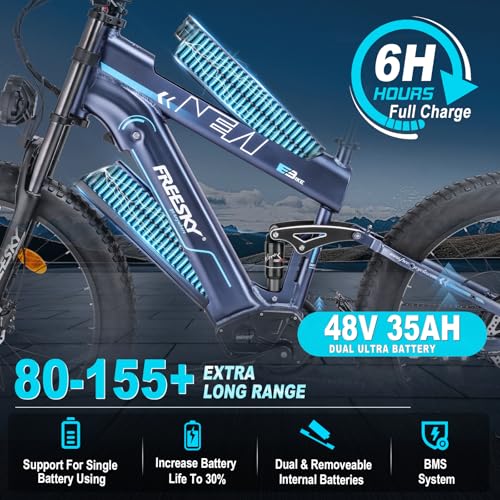 FREESKY 2024 Upgraded Dual Battery 48V 35AH 2000W Motor 80-155 Miles Long Range Electric Bike for Adults 38MPH+ 26" Fat Tire Full Suspension EBike with Dual Hydraulic Brakes