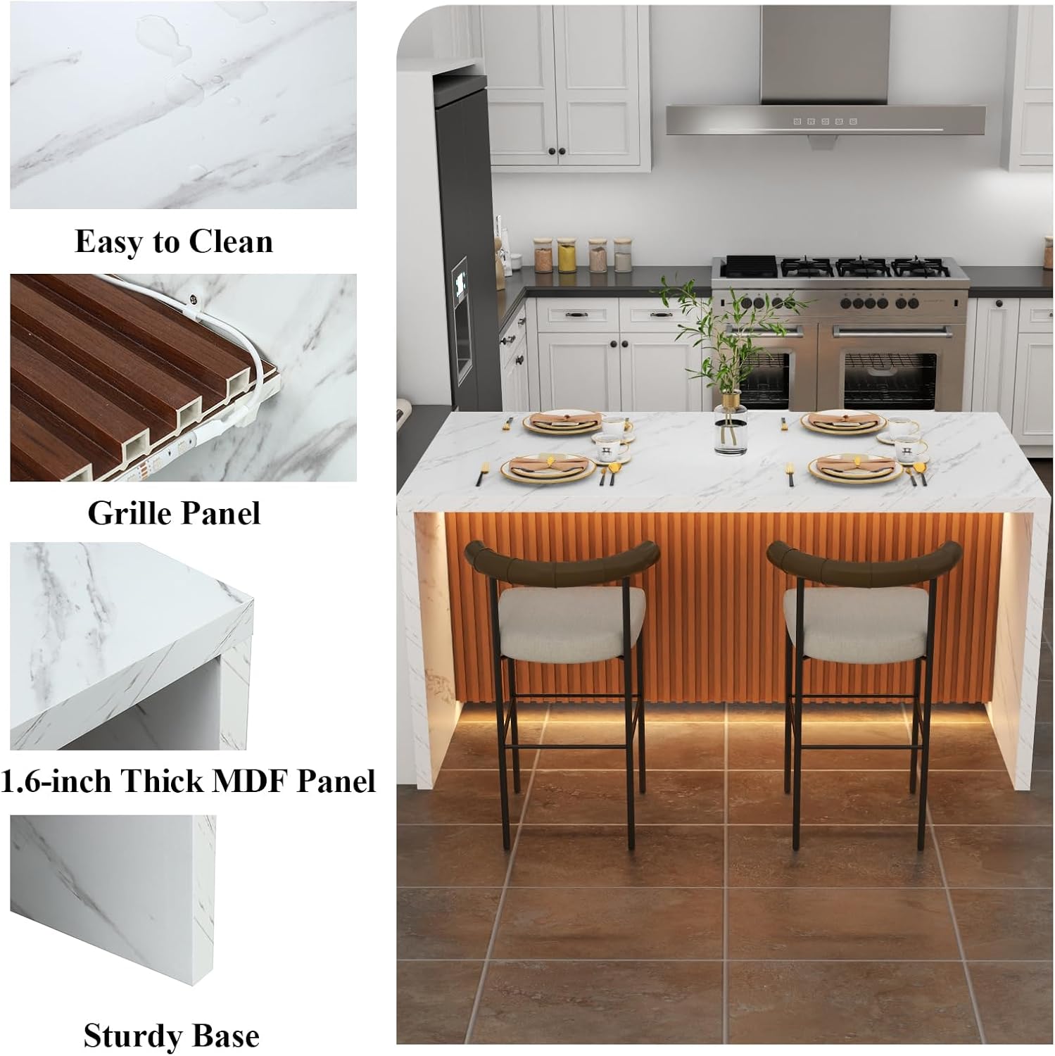 63" Large Imitation Marble Dining Table for 4-6 People, Island Table with LED Lights, Mordern Marble Stripes Kitchen Dining Table with Grille design for Dining Room, Home, Office, Living Room（White）