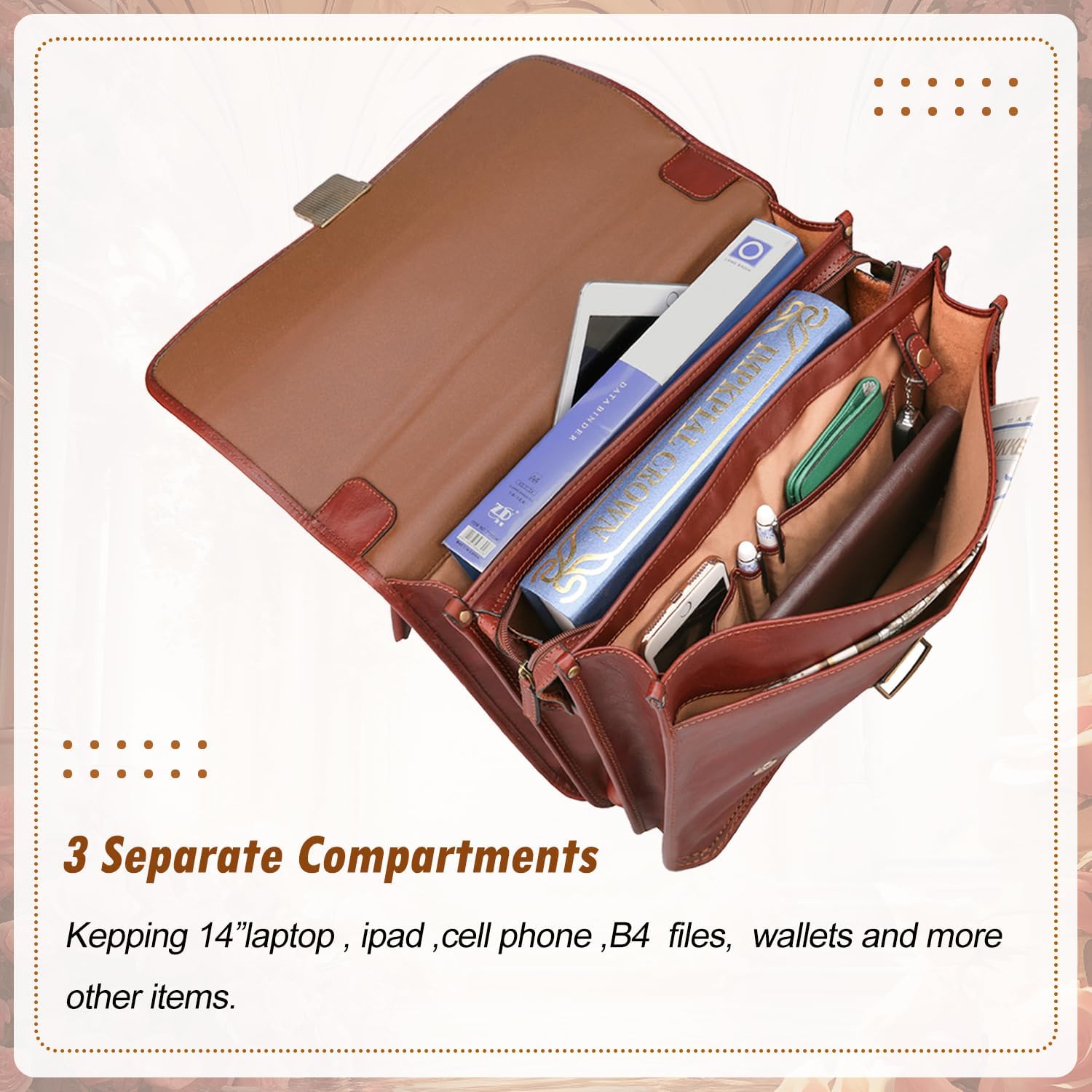 Banuce Vintage Genuine Full Grain Italian Leather Briefcase for Men with Lock 14 Inch Laptop Bag Professional Business Work Bag Attache Case with Luggage Strap Brown