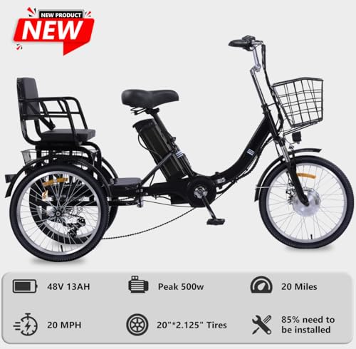 Electric Tricycle for Adults, Peak 750W/500W, Electric Trike, 20"x4.0" Folding Fat Tire 3 Wheel Electric Trike, Max 20MPH,with Large Basket and 48V 15/13 Ah Removable Battery