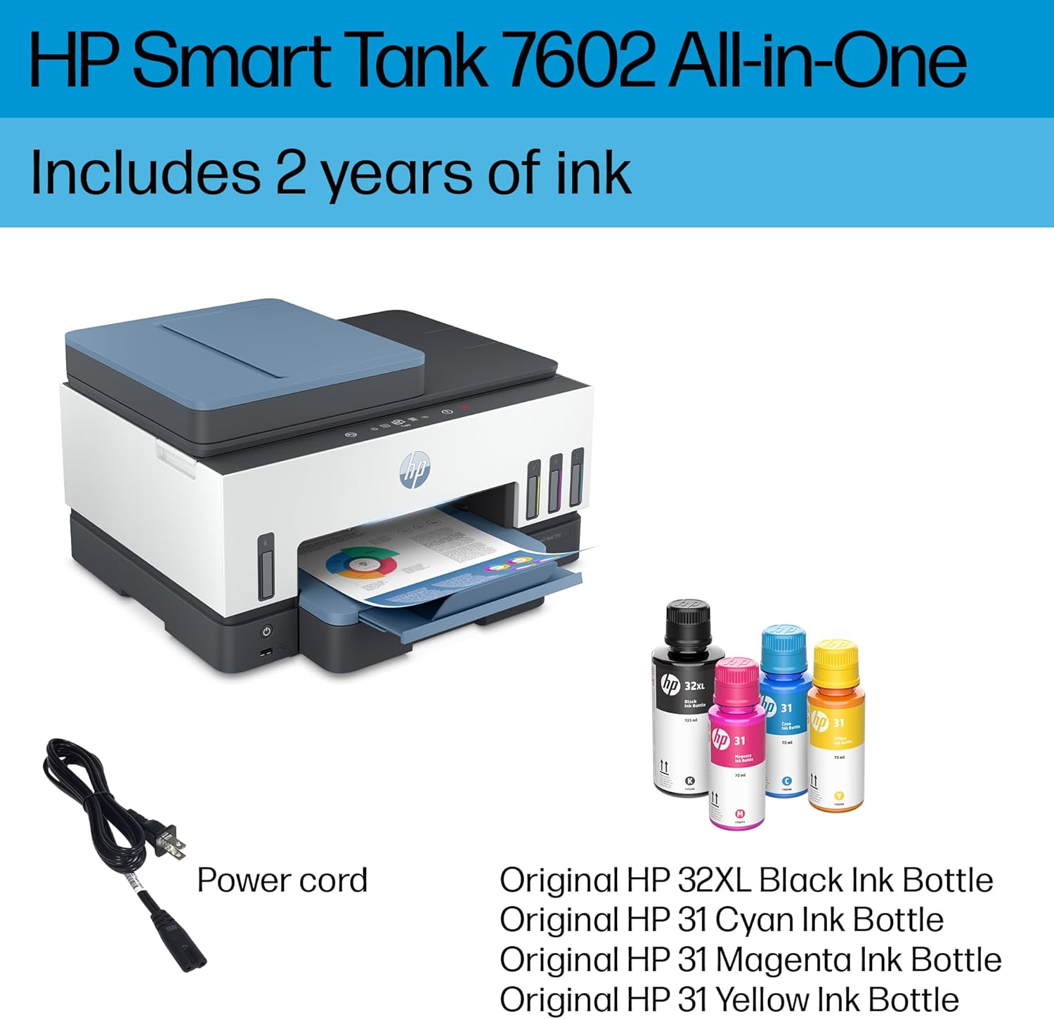 HP Smart Tank 7602 Wireless All-in-One Ink Tank Printer with 2 years of ink included,Print, scan, copy, fax, Best-for-home, Refillable ink tank (28B98A)