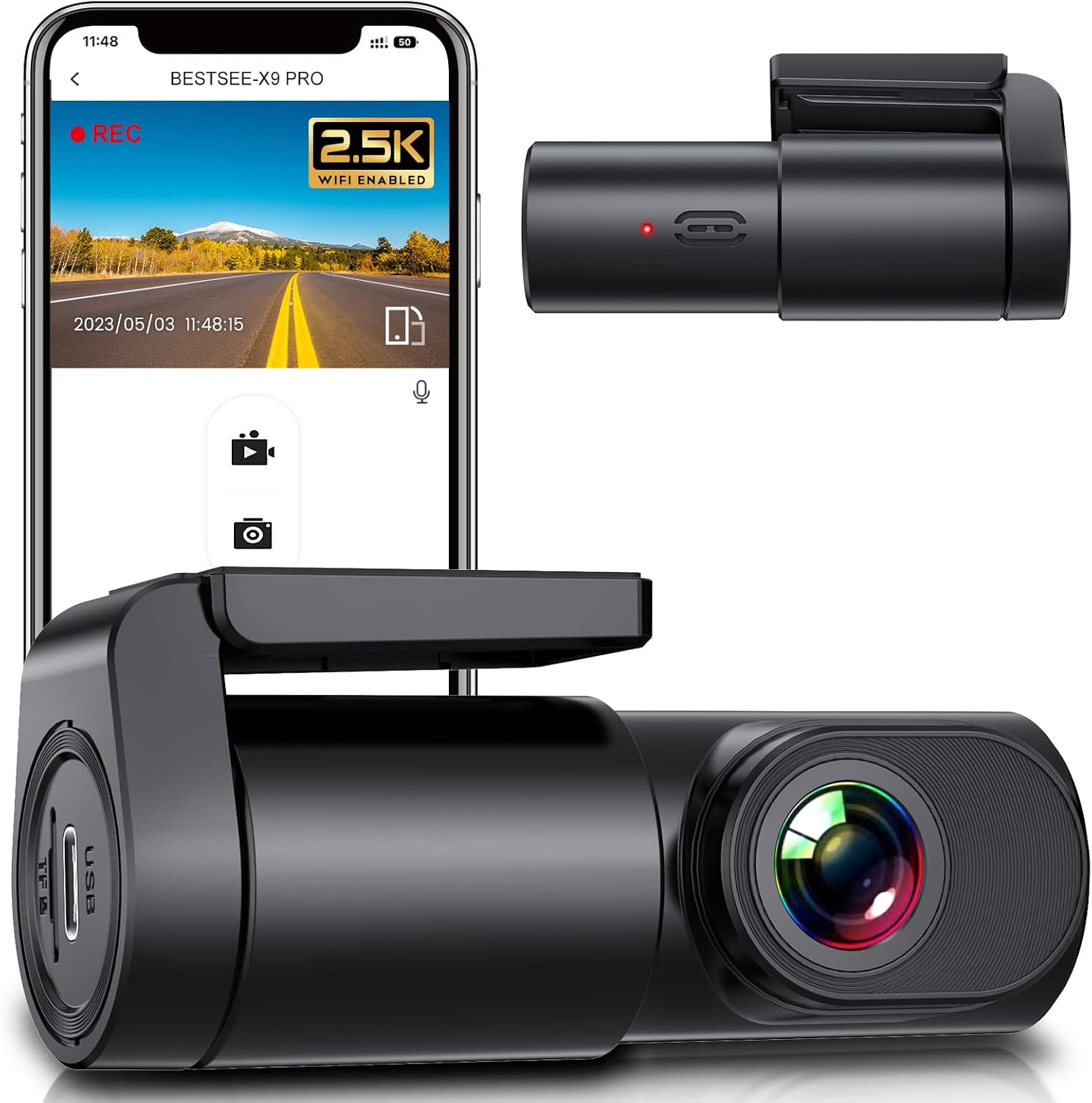 Dash Cam WiFi 2.5K Car Camera, Front Dash Camera for Cars with Night Vision, 24 Hours Parking Mode, WDR, Loop Recording, G-Sensor, 170°Wide Angle, APP, Support 360° Rotation