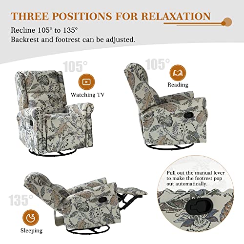 HULALA HOME Printed Fabric Set of 2 Manual Swivel Glider Recliner, Recliner Chair with Adjustable Backrest&Footrest, Wingback Rocker Recliner, Armchair Sofa 360 Degree Swivel for LivingRoom,BLK FLORAL
