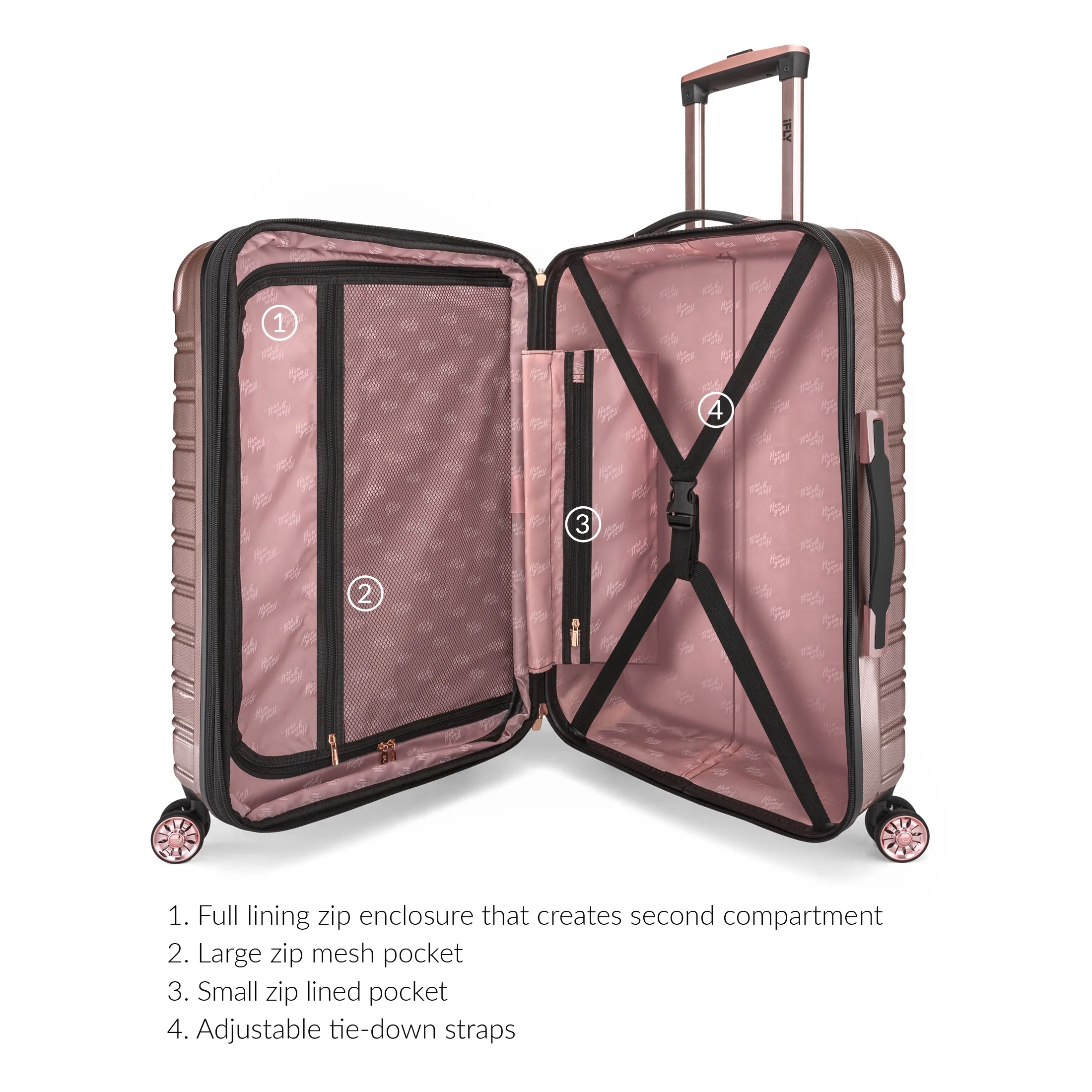 iFLY Hardside Luggage Fibertech 3 Piece Set, 20" Carry-on Luggage, 24" Checked Luggage and 28" Checked Luggage, Rose Gold