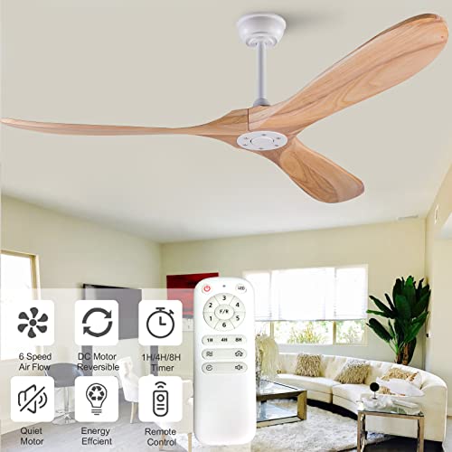 60 inch Ceiling Fans without Light, Solid Wood Ceiling Fan with Remote Control Modern Ceiling Fan no Light, Indoor Outdoor Ceiling Fans for Patios Living Room Bedroom Farmhouse Gazebo