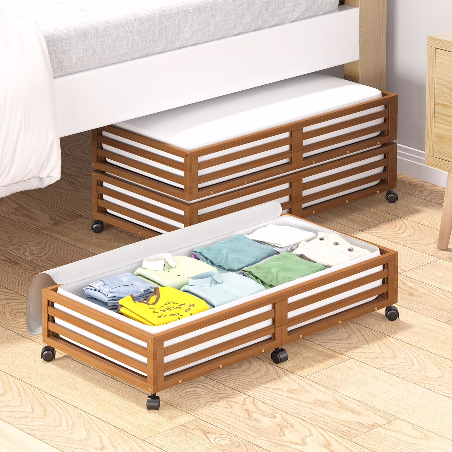 Bamboo Under Bed Storage Containers- Underbed Organizer with Wheels with Large Capacity Dust Bag,Sturdy Wood Rolling Under Bed Shoe Storage Organizer 2 Packs (Walnut, 2 Packs (33.07×16.54))