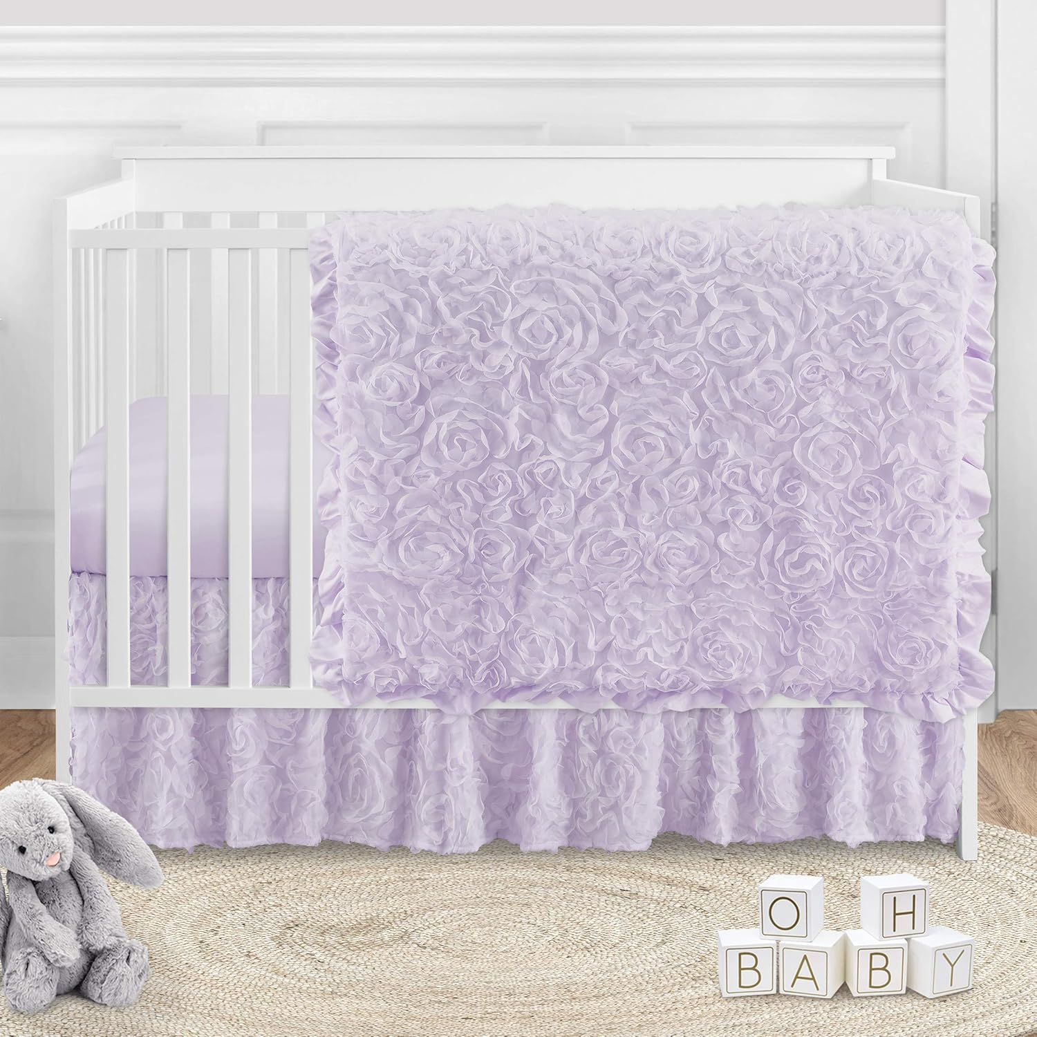 Sweet Jojo Designs Purple Floral Rose Baby Girl Nursery Crib Bedding Set - 4 pieces - Solid Light Lavender Flower Luxurious Elegant Princess Vintage Boho Shabby Chic Luxury Glam High End Ruffle Roses