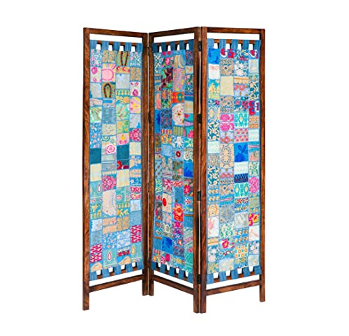Room Divider Wood Screen - Ghanti Bells Antique Brown - 4 Panel Folding 72 x 80 - Assembled Hand Carved Decorative Functional Versatile Portable Partition Reversible Privacy Boho - COTTON CRAFT
