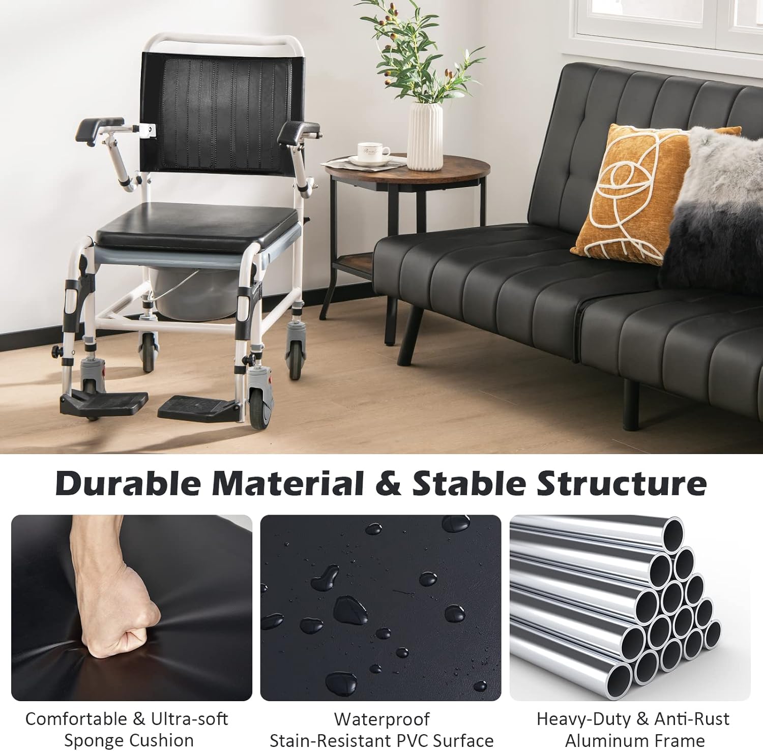 Giantex 4-in-1 Bedside Commode Shower Wheelchair, Commode chair for Toilet with Arms, 4 Lockable Wheels, Detachable Bucket, Height Adjustable & Flip-up Footrest, Padded Mobile Toilet Chair