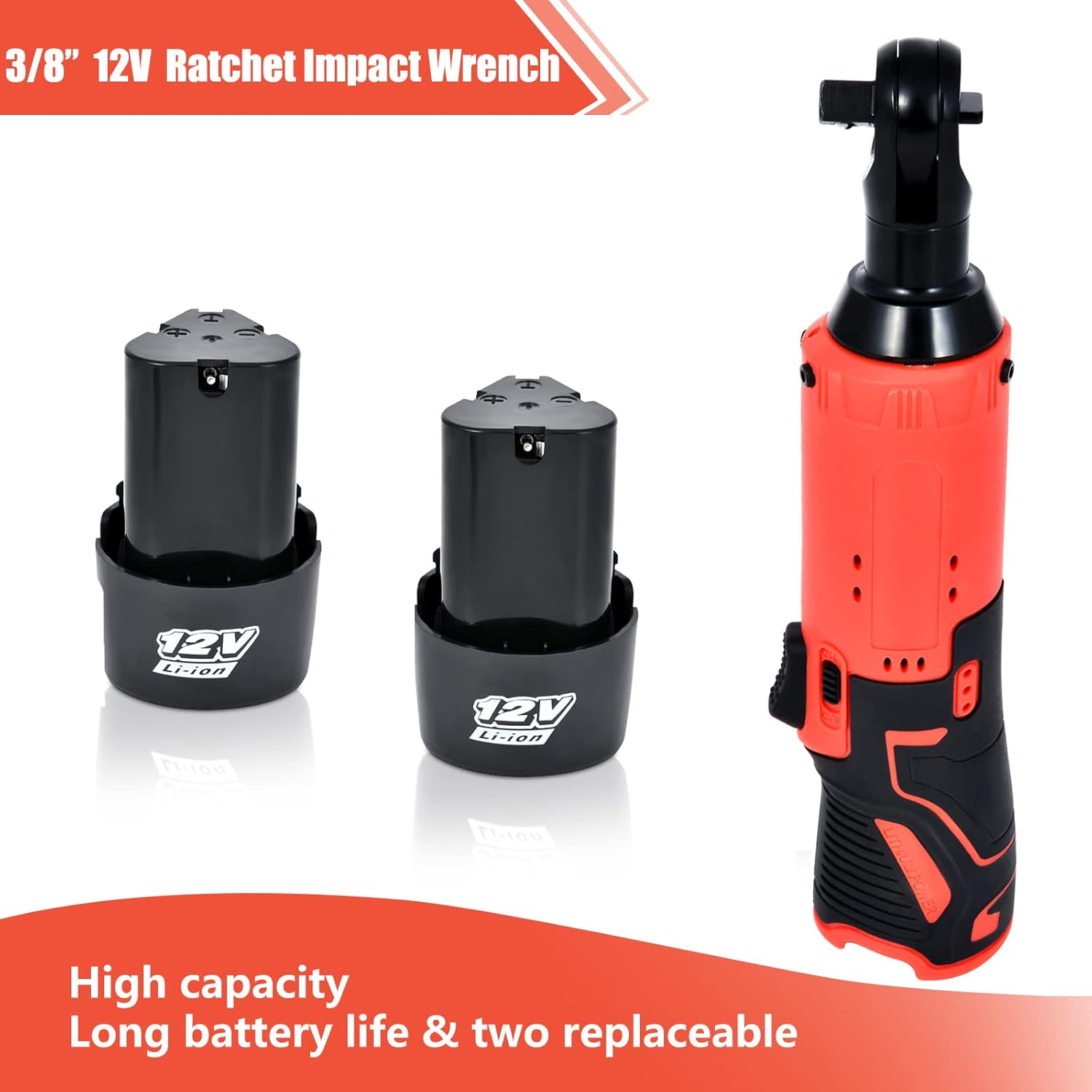 12V 3/8" Cordless Electric Ratchet Wrench Set Right Angle Tool Lithium Battery Rechargeable Fast Truss High Torque Pure Copper Motor Variable Speed Trigger High Performance Pack of 2