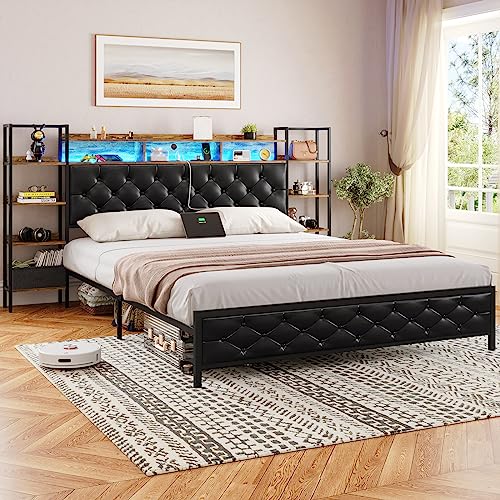 DICTAC Bed Frame King Size with Bookcase Storage Headboard and Charging Station King Size Metal Led Platform Bed with LED Lights and Upholstered Headboard,King Size Bed,No Box Spring Needed,Black