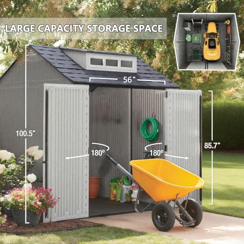 Large Resin Outdoor Storage Shed with Floor (7-10.5 Ft) - Weatherproof Double Wall Construction for Lawn Mowers, Garden Tools, Bike & Pool Supplies, Lockable (Brown, 7x7 FT)