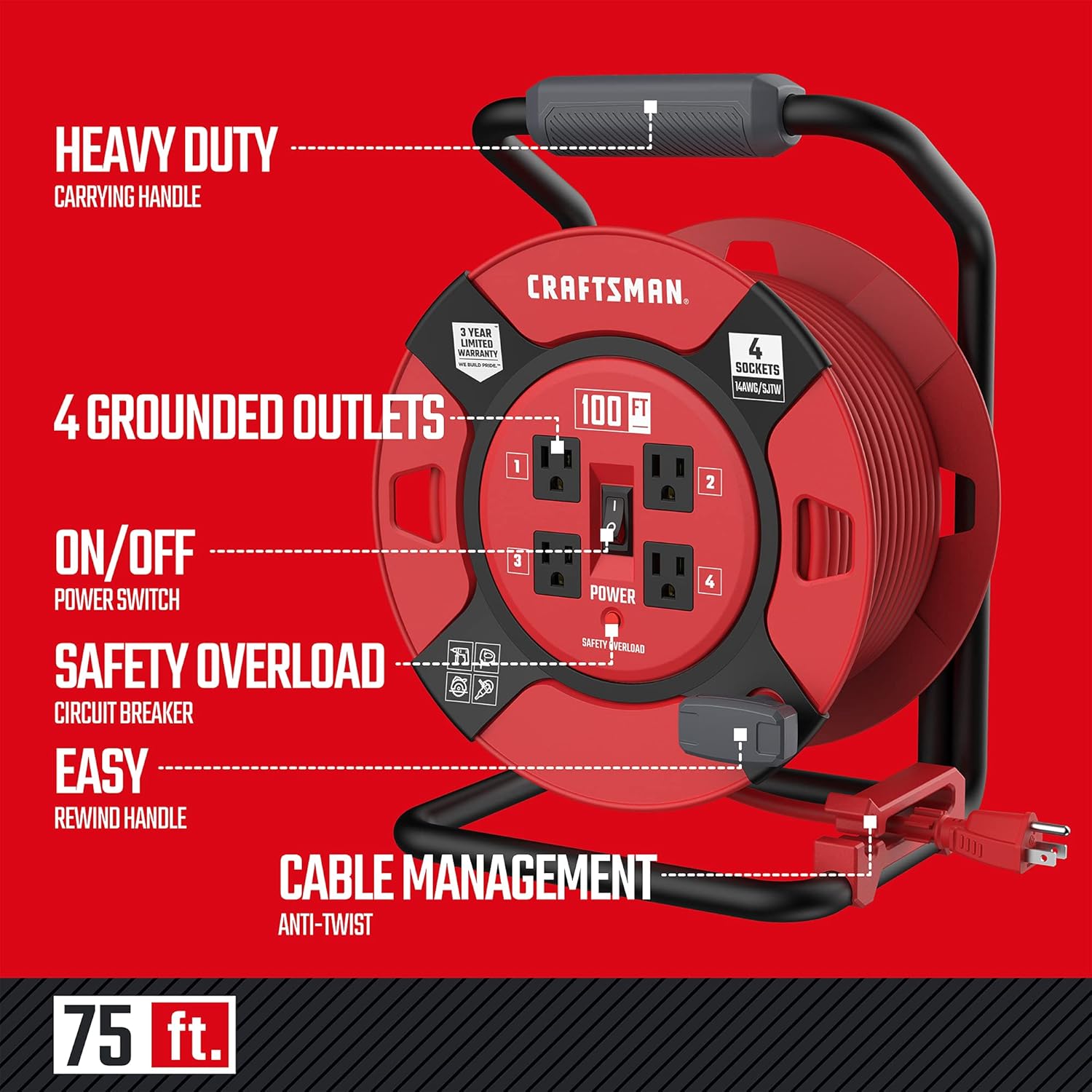CRAFTSMAN Heavy Duty Retractable Extension Cord, 100 feet with 4 Outlets - 14AWG SJTW Cable - Outdoor Power Cord Reel
