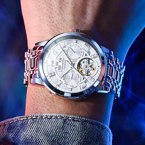 OLEVS Automatic Watches for Men Self Winding Mechanical Skeleton Luxury Dress Stainless Steel Diamond Men Wrist Watches