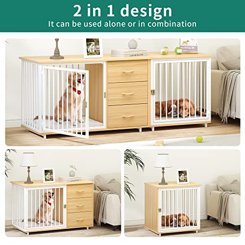 YITAHOME 74" Double Dog Crate Furniture with 2 Feeder Bowls, Wooden Dog Kennel TV Stand with Room Divider for 2 Large Medium Small Dogs, Walnut White