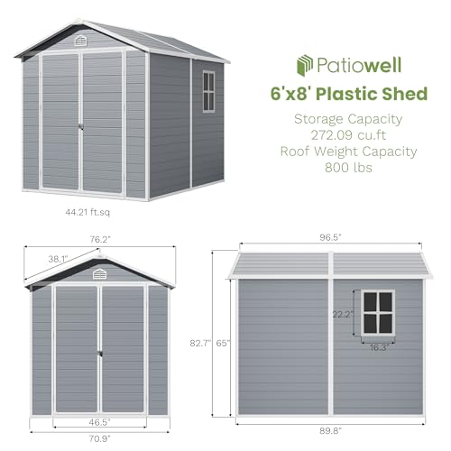 Patiowell 6 x 8 FT Plastic Outdoor Storage Shed with Floor, Resin Shed Perfect to Store Patio Furniture, Garden Tools Bike Accessories, Beach Chairs and Lawn Mower, Grey