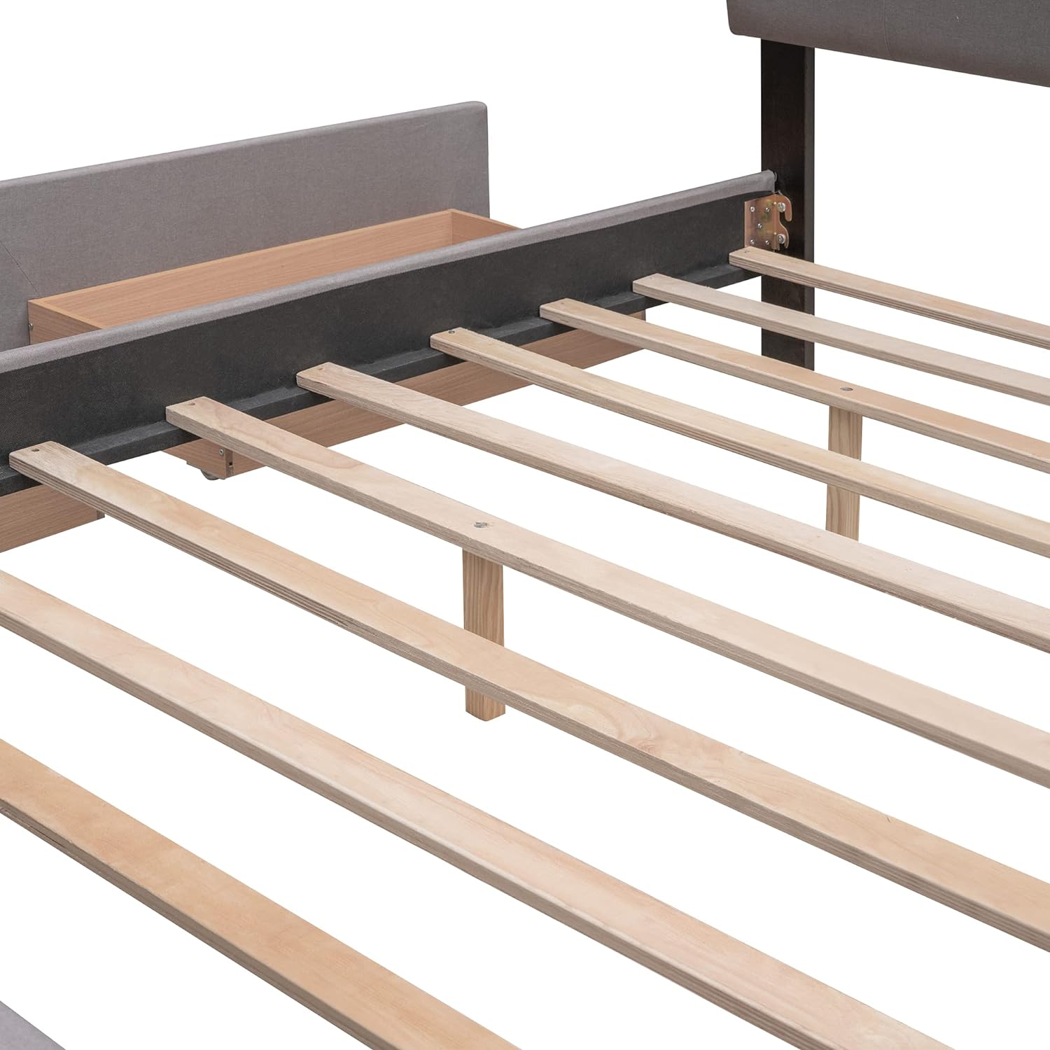 Quee Platform Bed Frame With XL Trudle Ad Drawers, Upholstered Storage Platform Bed With Headboard For Bedroom Guest Room, Lie Fabric, Light Gray