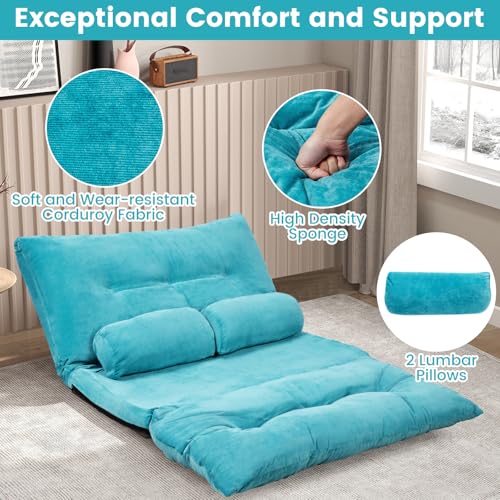 KOMFOTT Foldable Floor Lazy Sofa with 2 Pillows, 6-Position Adjustable Reclining Sofa Sleeper Bed, Convertible Futon Couch Bed, Floor Couch Lounge for Relaxing, Reading, Playing, Gaming (Beige)