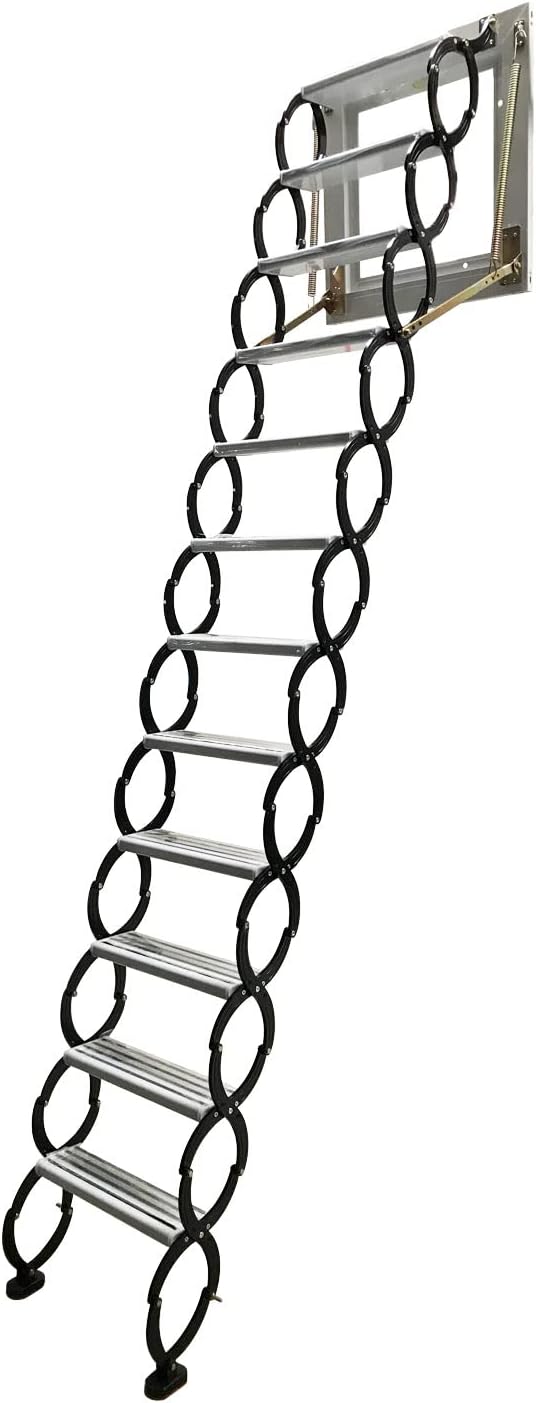 TECHTONGDA Attic Ladder Steps Pull Down 12 Steps Attic Stairs, Attic Access Ladder, Black Wall-mounted Folding Stairs for Attic, Retractable Attic Ladder with Armrests, 9.8 feet Height, Ti-Mg Alloy
