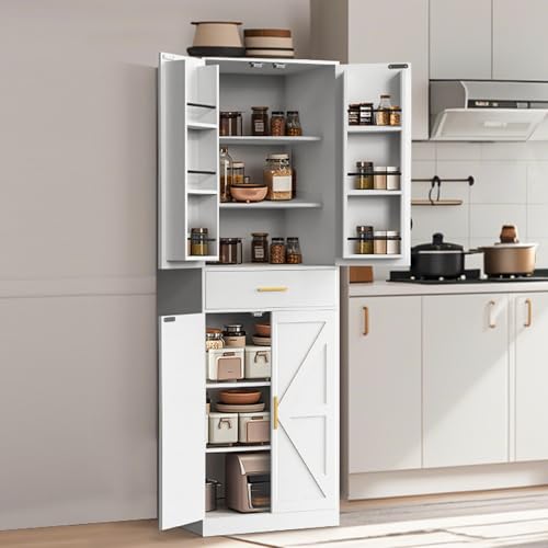71" Tall Kitchen Pantry Storage Cabinet with 4 Doors & Drawer, Adjustable Shelves, Farmhouse Cupboard, Freestanding Cabinet with Door Shelves for Dining Room/Living Space, Black