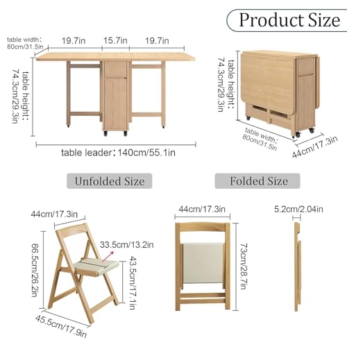 Solid Wood Dining Table Set, Folding Table and Chairs with Storage Drawers and Cabinets, Space Saving, Suitable for Dining Room/Balcony/Narrow Space(with 4 Chairs),A