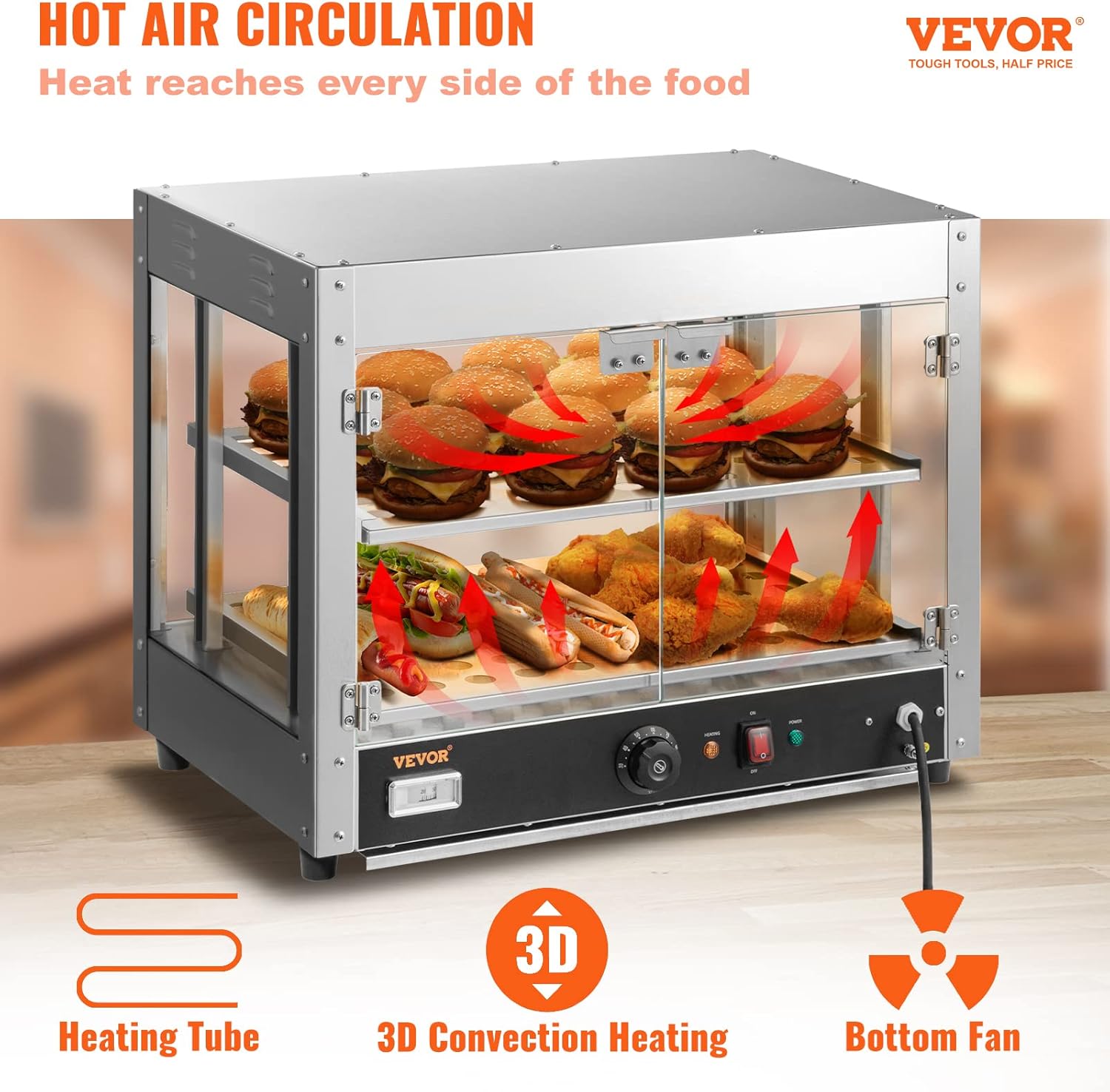 VEVOR 110V 24-Inch Commercial Food Warmer Display, 2-Tier 800W Electric Pizza Warmer Display 86-185℉, Tempered-Glass Door Pastry Display Case, Restaurant Heated Cabinet…