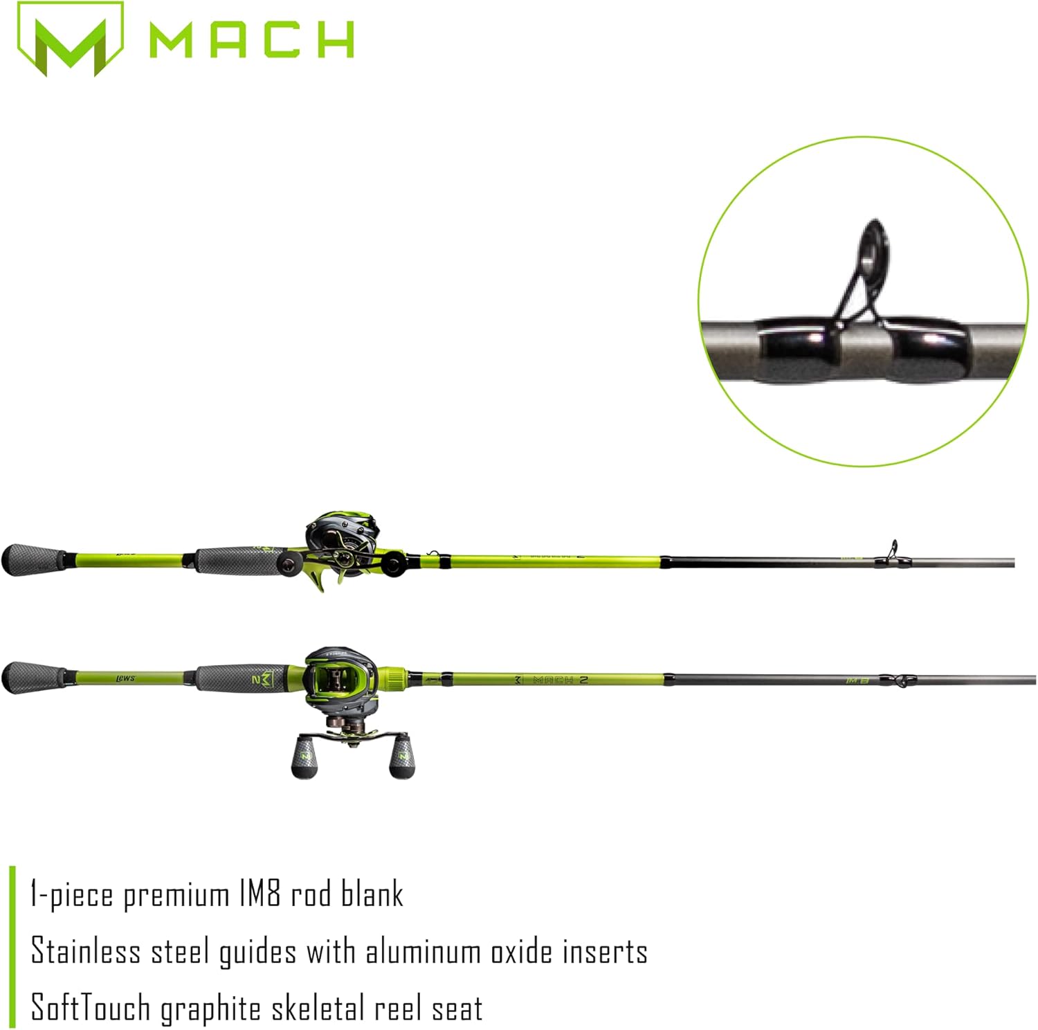 Mach Lew's 2 Casting Reel and Fishing Rod Combo, 7-Foot 3-Inch 1-Piece Premium IM8 Graphite Fishing Rod, Right-Hand Retrieve, Black/Green