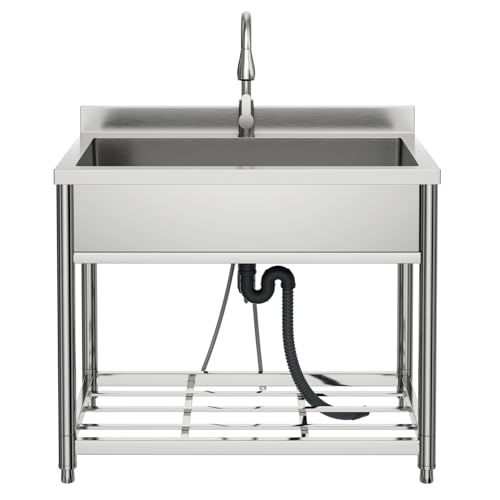 Stainless Steel Large Utility Sink Single Bowl, Freestanding Laundry Sink with Pull-Out Faucet, Utility Sink for Laundry Room, Garage, Kitchen, Outdoor/Indoor Use, W35.4" x D22.4" x H37"