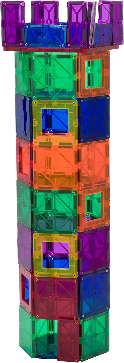 Award Winning Playmags Clear Colors Magnetic Tiles Building Set 50 + 6 Pc Set with Car - STEM Magnetic Toys Develop Motor Skills & Creativity, Colorful, Durable Magnet Building (56 Pc Set)