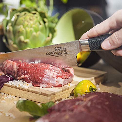 KUMA Professional Damascus Knife - 8 Inch Japanese Chef Knife, AUS10 Core - Corrosion And Stain Resistant - G10 Handle & Sheath Made Of Hardened Carbon steel