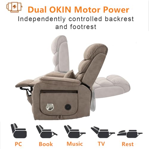 Light Grey Recliner Chair for Elderly | Tall and Big Man 400lbs | Chenille | Power Lift, Lay Flat, Stand Up, Wireless Charging Device, Extended Footrest, Massage Heat, Cup Holder, Lumbar Pillow
