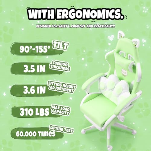 Cute Gaming Chair with Cat Paw Lumbar Cushion and Cat Ears, Ergonomic Computer Chair with Footrest, Reclining PC Game Chair for Girl, Teen, Blue