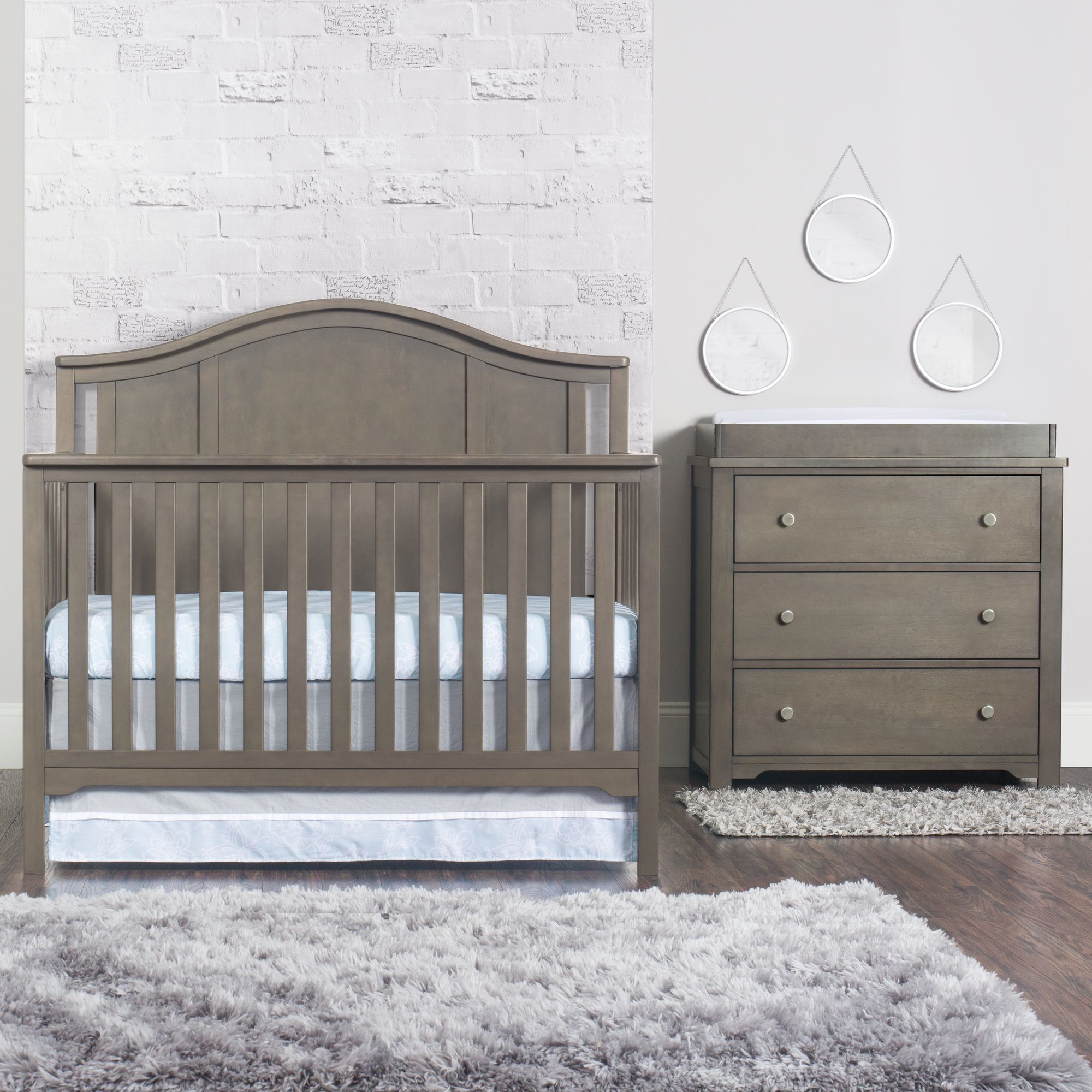 Child Craft Cottage Arch Top 3-Piece Nursery Set with 4-in-1 Convertible Crib, 3-Drawer Dresser, and Changing Table Topper (Dapper Gray)