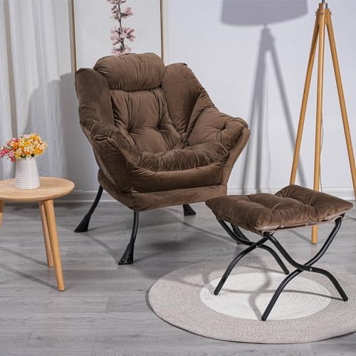 Lazy Chair with Ottoman, Accent Comfy Lounge Arm Chair and Folding Footrest Stool Set, Steel Frame Leisure Sofa Chair and Metal Cotton Anti-Slip Footstool, Green
