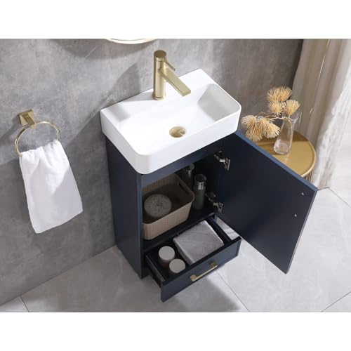 18 Inch Bathroom Vanity with Sink Set, Small Bathroom Vanity with Undermount Vessel Sink Combo, Blue Bath Rv Cabinet, 1 Door 1 Drawer Vanities with Golden Handles